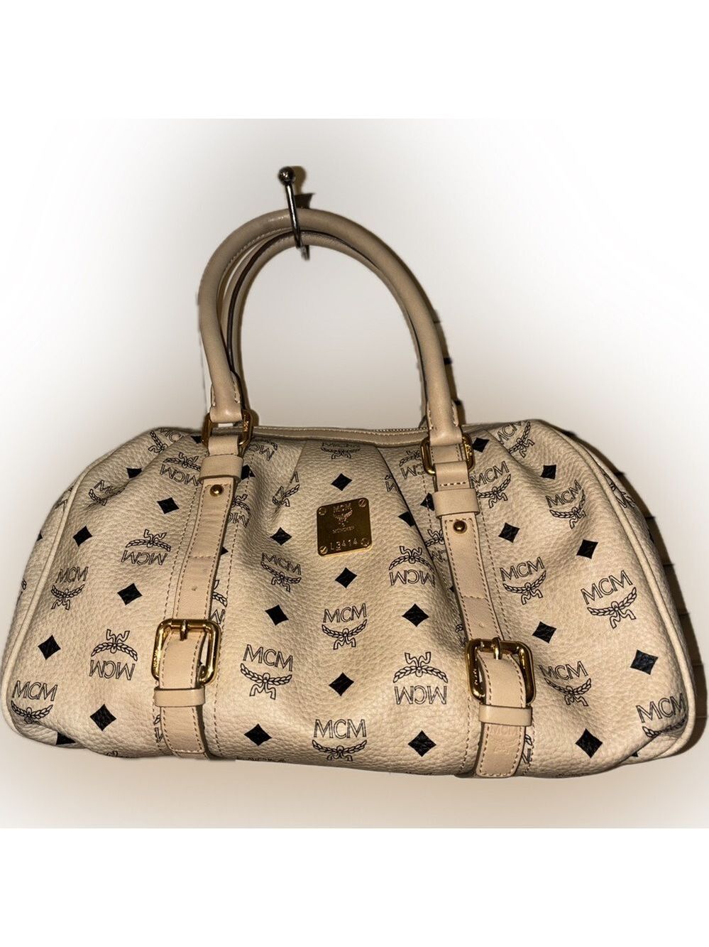MCM Cream Satchel Bag with Monogram Design - Picture 12 of 16